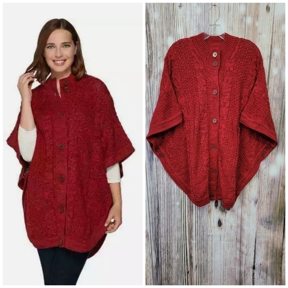 Denim & Co Wine Button Front Cable Poncho Sweater - Picture 1 of 11